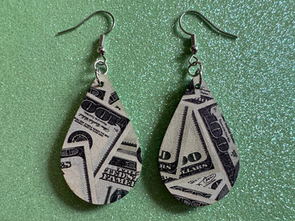 Money Earrings: Laser Cut Acrylic Money Hearts, Cash, Money Bags, US, 100 Dollar Bills, Dollars, Hustle, Rich, Best Gifts for Her/Him/Them