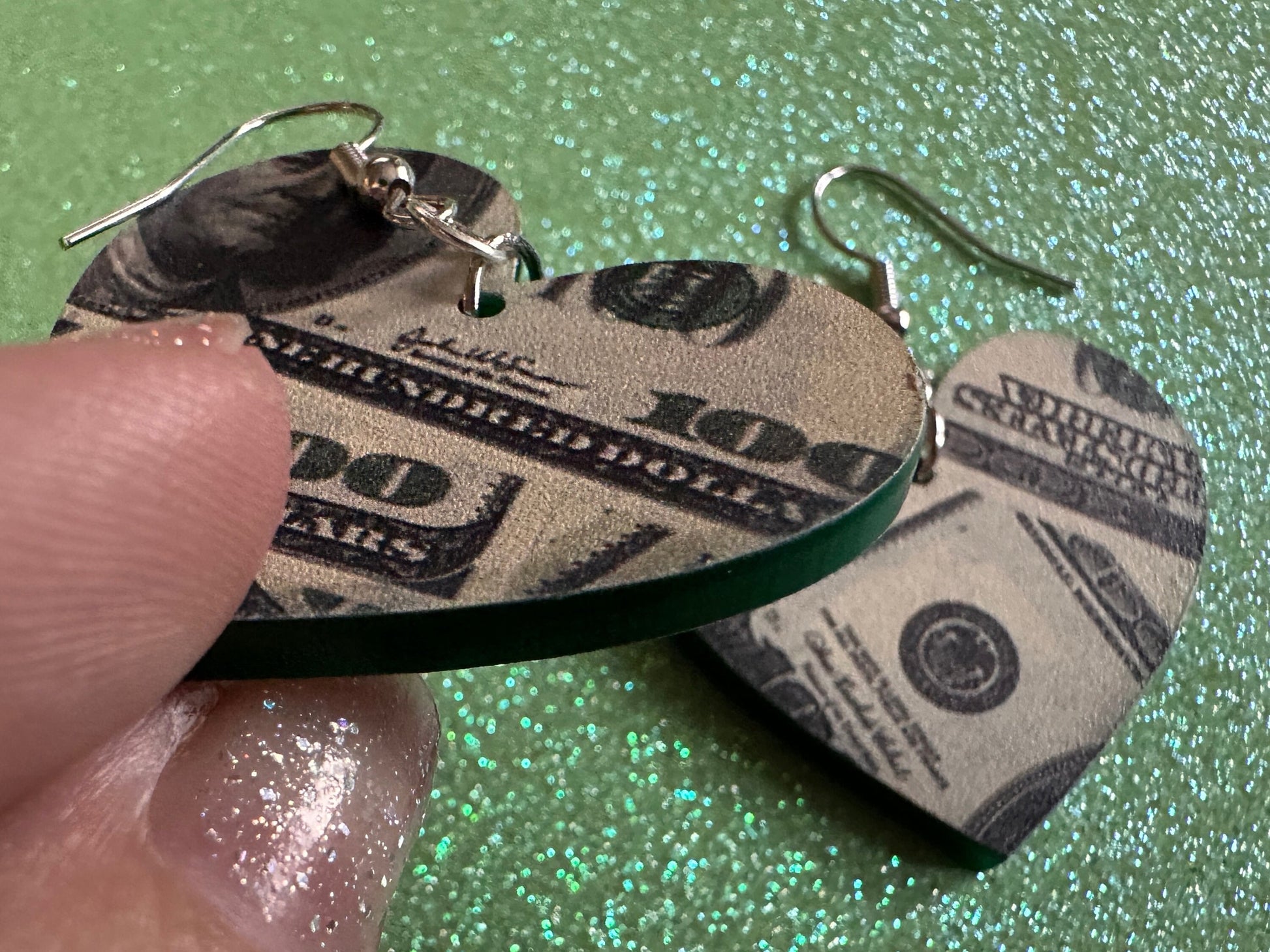 Money Earrings: Laser Cut Acrylic Money Hearts, Cash, Money Bags, US, 100 Dollar Bills, Dollars, Hustle, Rich, Best Gifts for Her/Him/Them