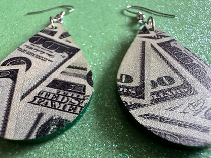 Money Earrings: Laser Cut Acrylic Money Hearts, Cash, Money Bags, US, 100 Dollar Bills, Dollars, Hustle, Rich, Best Gifts for Her/Him/Them