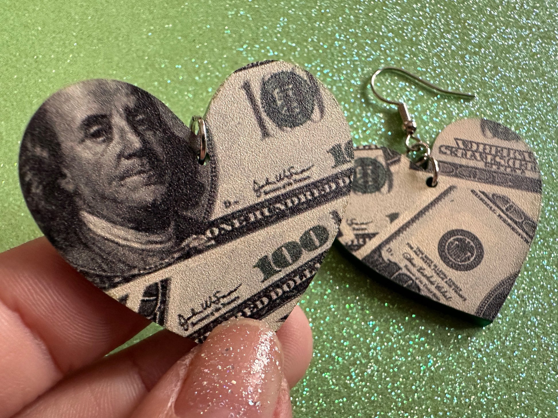 Money Earrings: Laser Cut Acrylic Money Hearts, Cash, Money Bags, US, 100 Dollar Bills, Dollars, Hustle, Rich, Best Gifts for Her/Him/Them