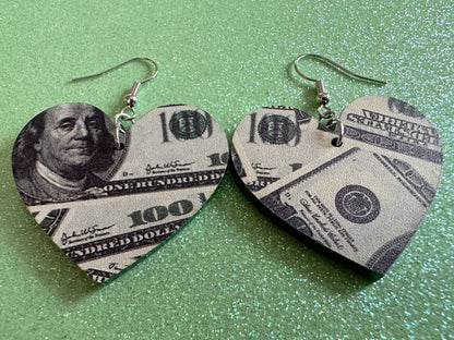 Money Earrings: Laser Cut Acrylic Money Hearts, Cash, Money Bags, US, 100 Dollar Bills, Dollars, Hustle, Rich, Best Gifts for Her/Him/Them