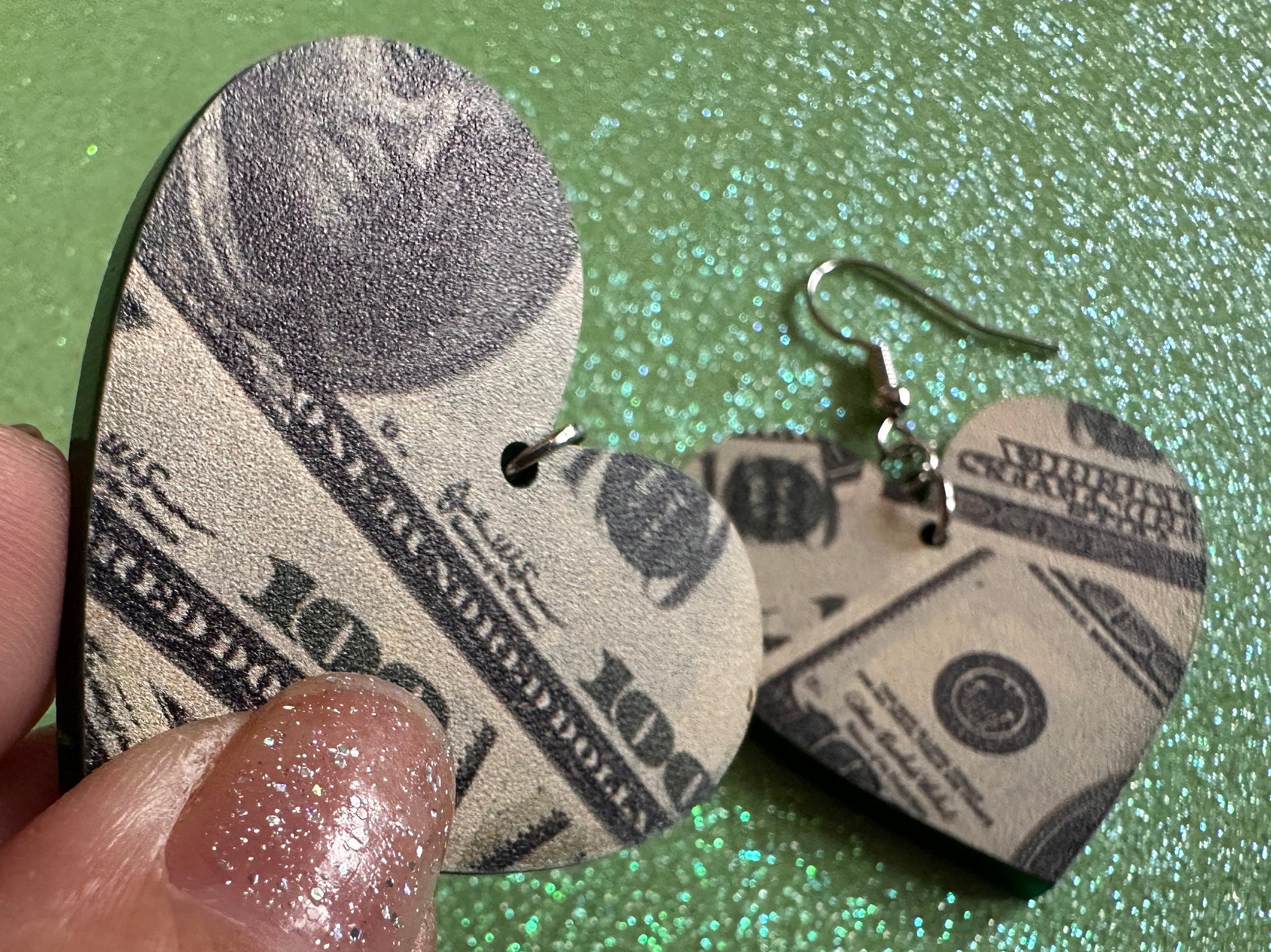 Money Earrings: Laser Cut Acrylic Money Hearts, Cash, Money Bags, US, 100 Dollar Bills, Dollars, Hustle, Rich, Best Gifts for Her/Him/Them