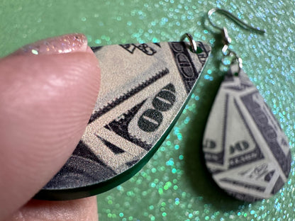 Money Earrings: Laser Cut Acrylic Money Hearts, Cash, Money Bags, US, 100 Dollar Bills, Dollars, Hustle, Rich, Best Gifts for Her/Him/Them