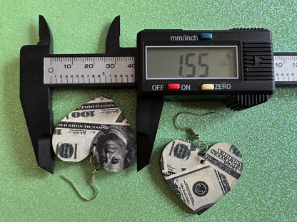 Money Earrings: Laser Cut Acrylic Money Hearts, Cash, Money Bags, US, 100 Dollar Bills, Dollars, Hustle, Rich, Best Gifts for Her/Him/Them