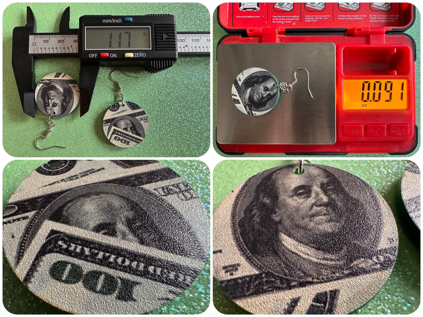 Money Earrings: Laser Cut Acrylic Money Hearts, Cash, Money Bags, US, 100 Dollar Bills, Dollars, Hustle, Rich, Best Gifts for Her/Him/Them