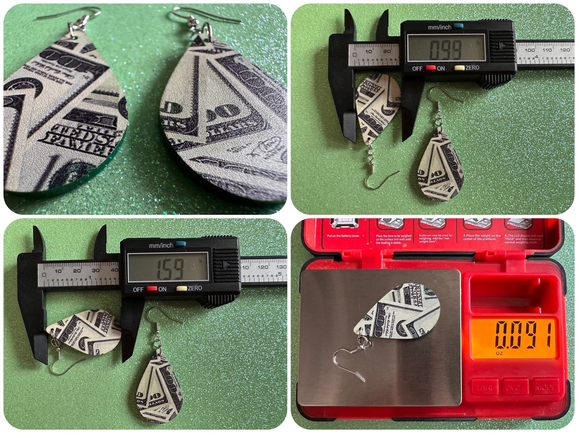 Money Earrings: Laser Cut Acrylic Money Hearts, Cash, Money Bags, US, 100 Dollar Bills, Dollars, Hustle, Rich, Best Gifts for Her/Him/Them