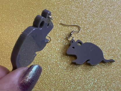 Mouse Earrings: Laser Cut Acrylic Gray Mouse, Simple Mouse Outline, Mouse Silhouette, Pet Mice, Zoo Animals, Best Gifts for Her/Him/Them