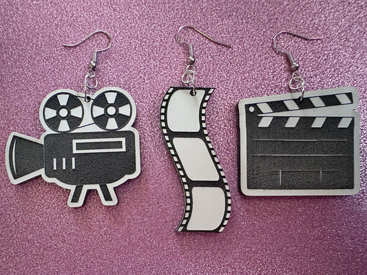 Movie Set Earrings: Laser Cut Acrylic Video Director Earrings, Film, Video Camera, Movies, Cinema, Rolling, Best Gifts for Her/Him/Them