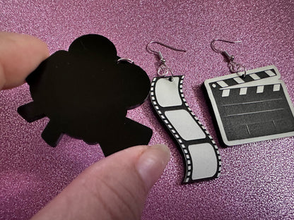Movie Set Earrings: Laser Cut Acrylic Video Director Earrings, Film, Video Camera, Movies, Cinema, Rolling, Best Gifts for Her/Him/Them