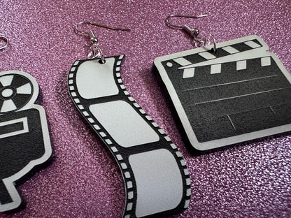 Movie Set Earrings: Laser Cut Acrylic Video Director Earrings, Film, Video Camera, Movies, Cinema, Rolling, Best Gifts for Her/Him/Them