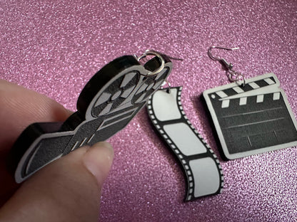 Movie Set Earrings: Laser Cut Acrylic Video Director Earrings, Film, Video Camera, Movies, Cinema, Rolling, Best Gifts for Her/Him/Them