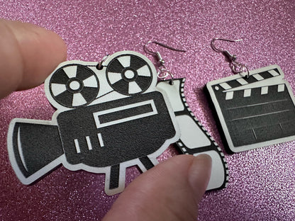 Movie Set Earrings: Laser Cut Acrylic Video Director Earrings, Film, Video Camera, Movies, Cinema, Rolling, Best Gifts for Her/Him/Them
