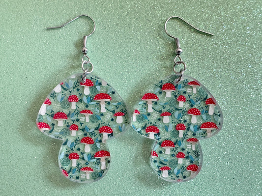 Mushroom Earrings: Laser Cut Acrylic Mushrooms, Mushies, Trees, Amanita, Forest, Green, Insects, Cottage Core, Best Gifts for Her/Him/Them