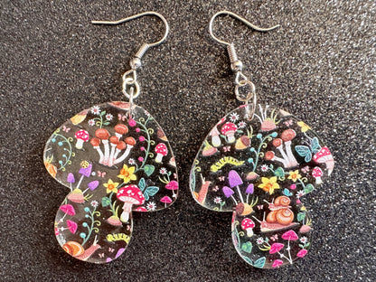 Mushroom Earrings: Laser Cut Acrylic Mushrooms, Mushies, Trees, Snails, Amanita, Forest, Green, Cottage, Best Gifts for Her/Him/Them