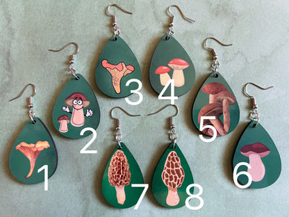 Mushroom Earrings: Mycology, Morel, Chanterelle, Bolete, Amanita Mushroom Earrings, Sublimated, Green Earrings, Best Gifts for Her/Him/Them