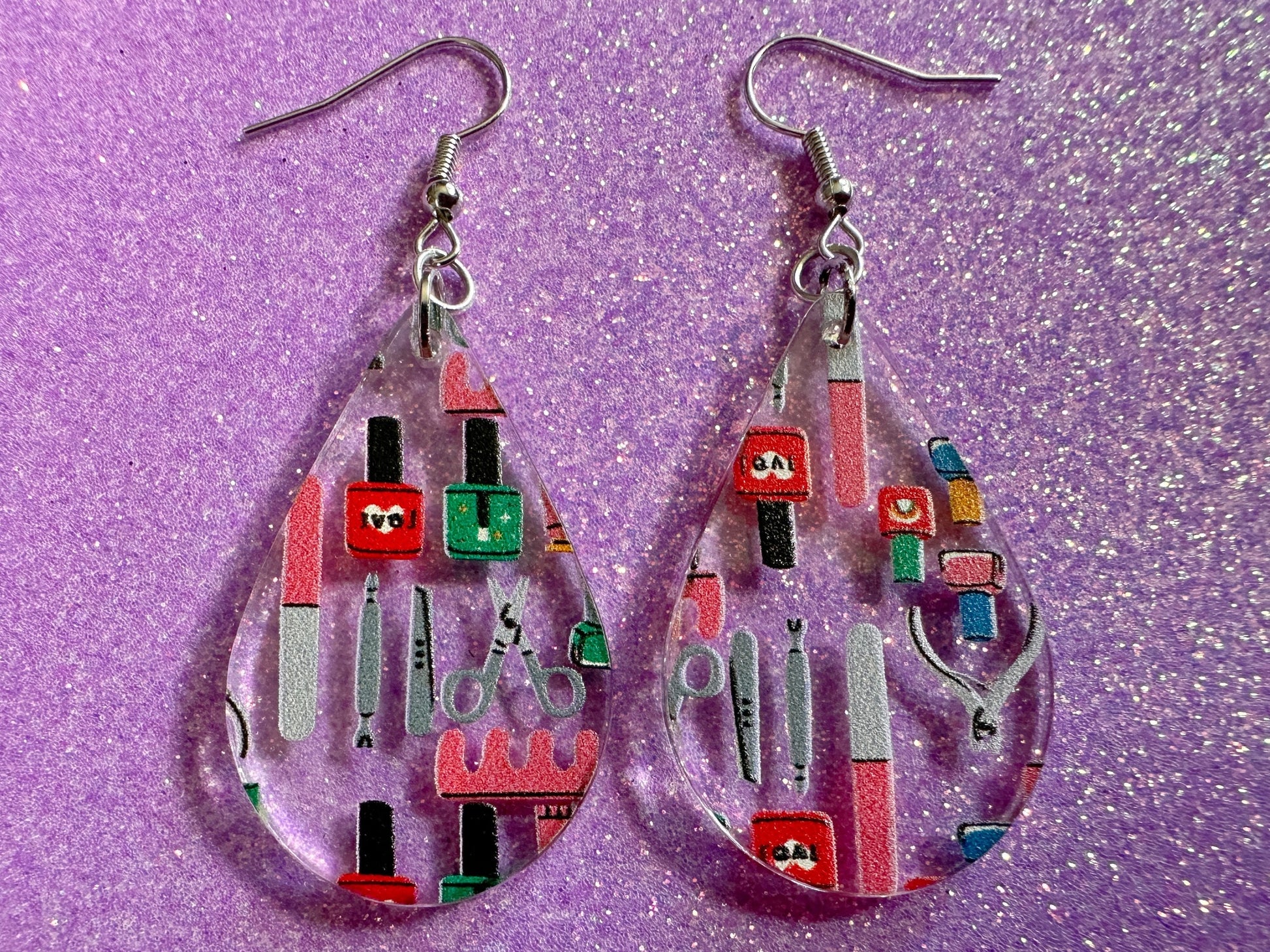 Nail Salon Earrings: Laser Cut Acrylic Earrings, Nail Polish, File, Scissors, Manicure, Pedicure, Nails, Girls Day, Gifts for Her/Him/Them