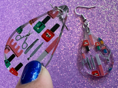 Nail Salon Earrings: Laser Cut Acrylic Earrings, Nail Polish, File, Scissors, Manicure, Pedicure, Nails, Girls Day, Gifts for Her/Him/Them