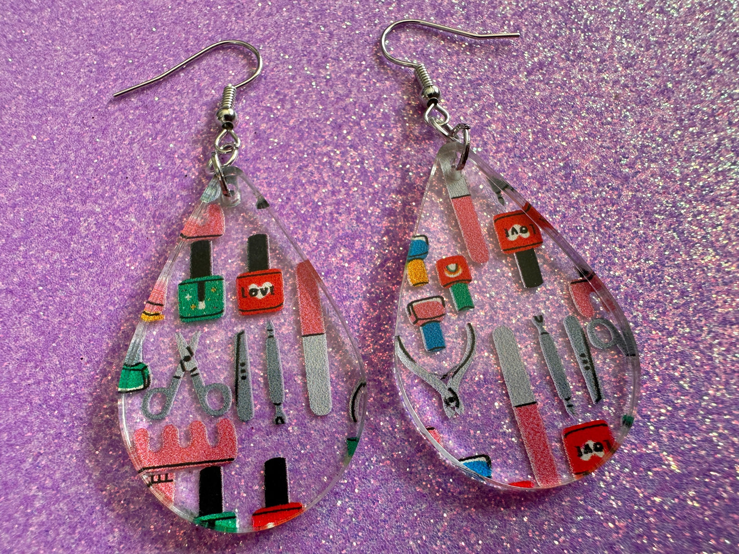 Nail Salon Earrings: Laser Cut Acrylic Earrings, Nail Polish, File, Scissors, Manicure, Pedicure, Nails, Girls Day, Gifts for Her/Him/Them