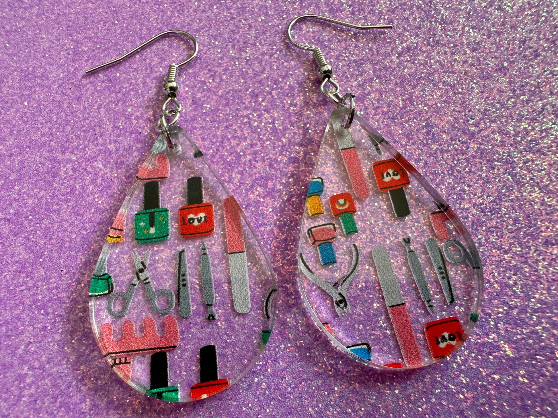 Nail Salon Earrings: Laser Cut Acrylic Earrings, Nail Polish, File, Scissors, Manicure, Pedicure, Nails, Girls Day, Gifts for Her/Him/Them