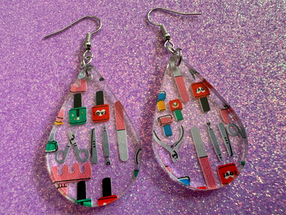 Nail Salon Earrings: Laser Cut Acrylic Earrings, Nail Polish, File, Scissors, Manicure, Pedicure, Nails, Girls Day, Gifts for Her/Him/Them