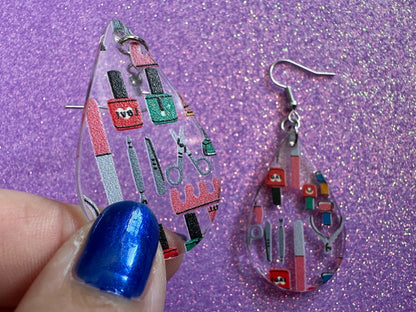 Nail Salon Earrings: Laser Cut Acrylic Earrings, Nail Polish, File, Scissors, Manicure, Pedicure, Nails, Girls Day, Gifts for Her/Him/Them