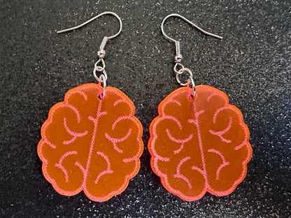 Neon Brain Earrings: Laser Cut Acrylic Brains, Genius, IQ, Nerd, Nurse, Doctor, Halloween, Smart, Pink, Best Gifts for Her/Him/Them