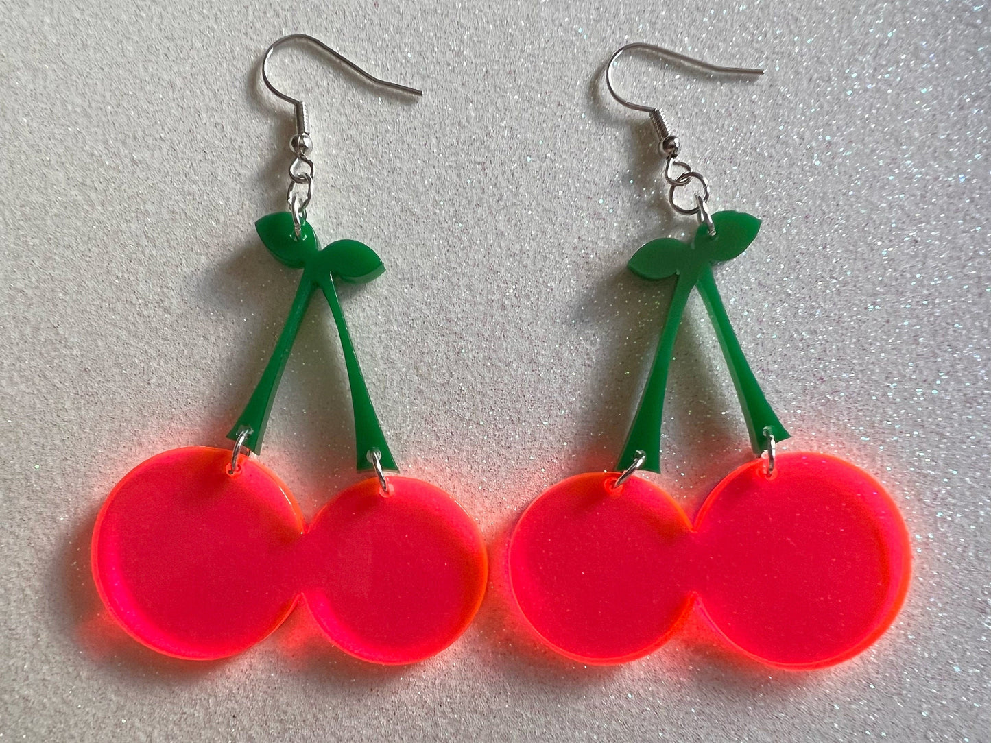 Neon Cherry Earrings: Laser Cut Acrylic Cherries, Fruit, Summer Vibes, Food Earrings, Best Gifts for Her/Him/Them