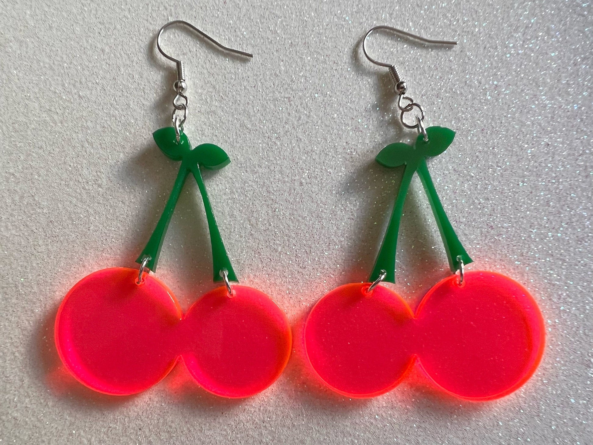 Neon Cherry Earrings: Laser Cut Acrylic Cherries, Fruit, Summer Vibes, Food Earrings, Best Gifts for Her/Him/Them