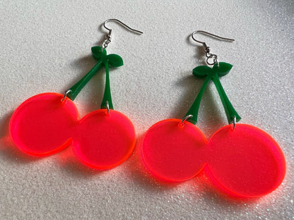 Neon Cherry Earrings: Laser Cut Acrylic Cherries, Fruit, Summer Vibes, Food Earrings, Best Gifts for Her/Him/Them