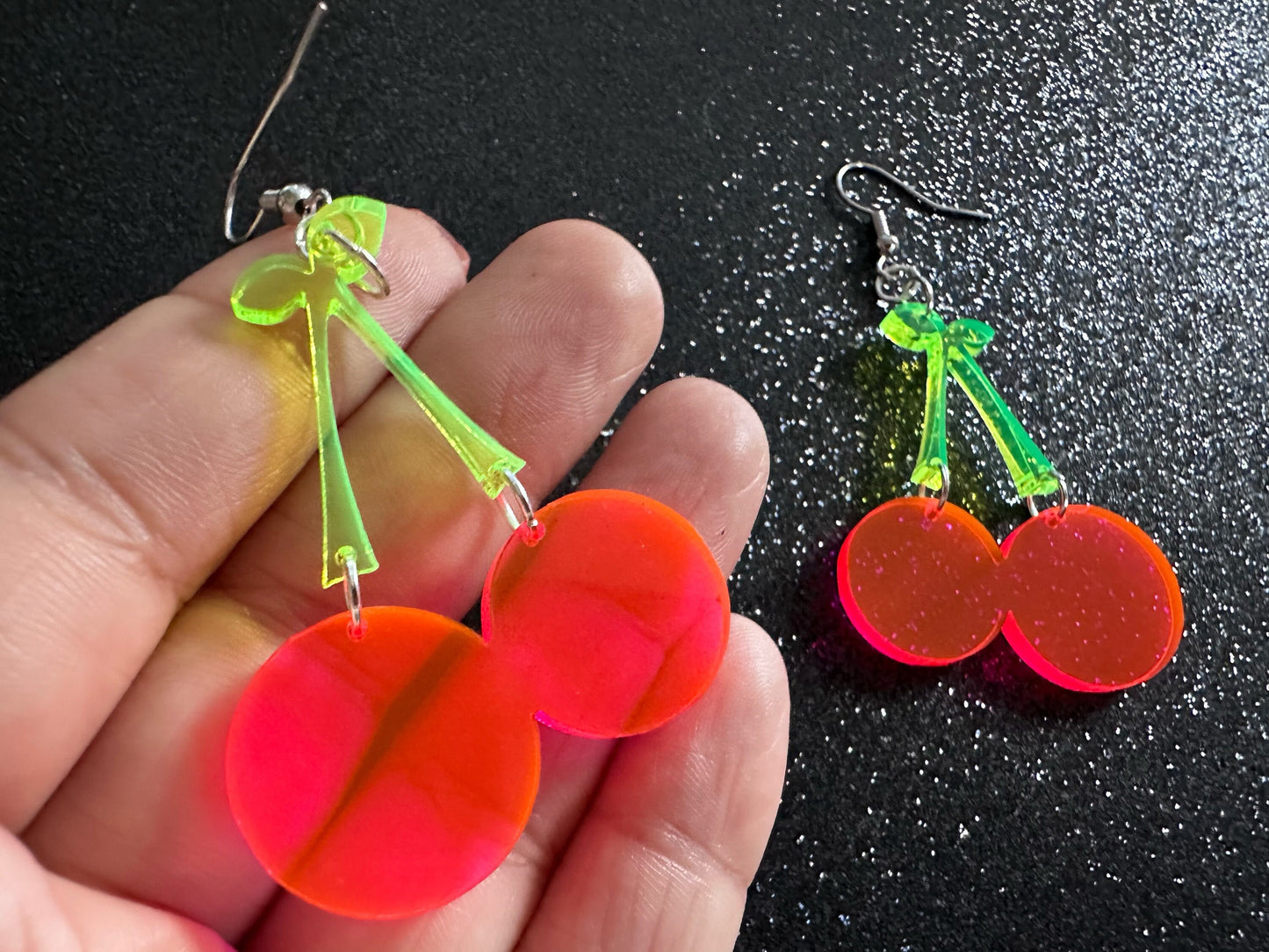 Neon Cherry Earrings: Laser Cut Acrylic Cherries, Fruit, Summer Vibes, Food Earrings, Gifts for Her/Him/Them