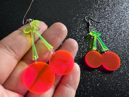 Neon Cherry Earrings: Laser Cut Acrylic Cherries, Fruit, Summer Vibes, Food Earrings, Gifts for Her/Him/Them