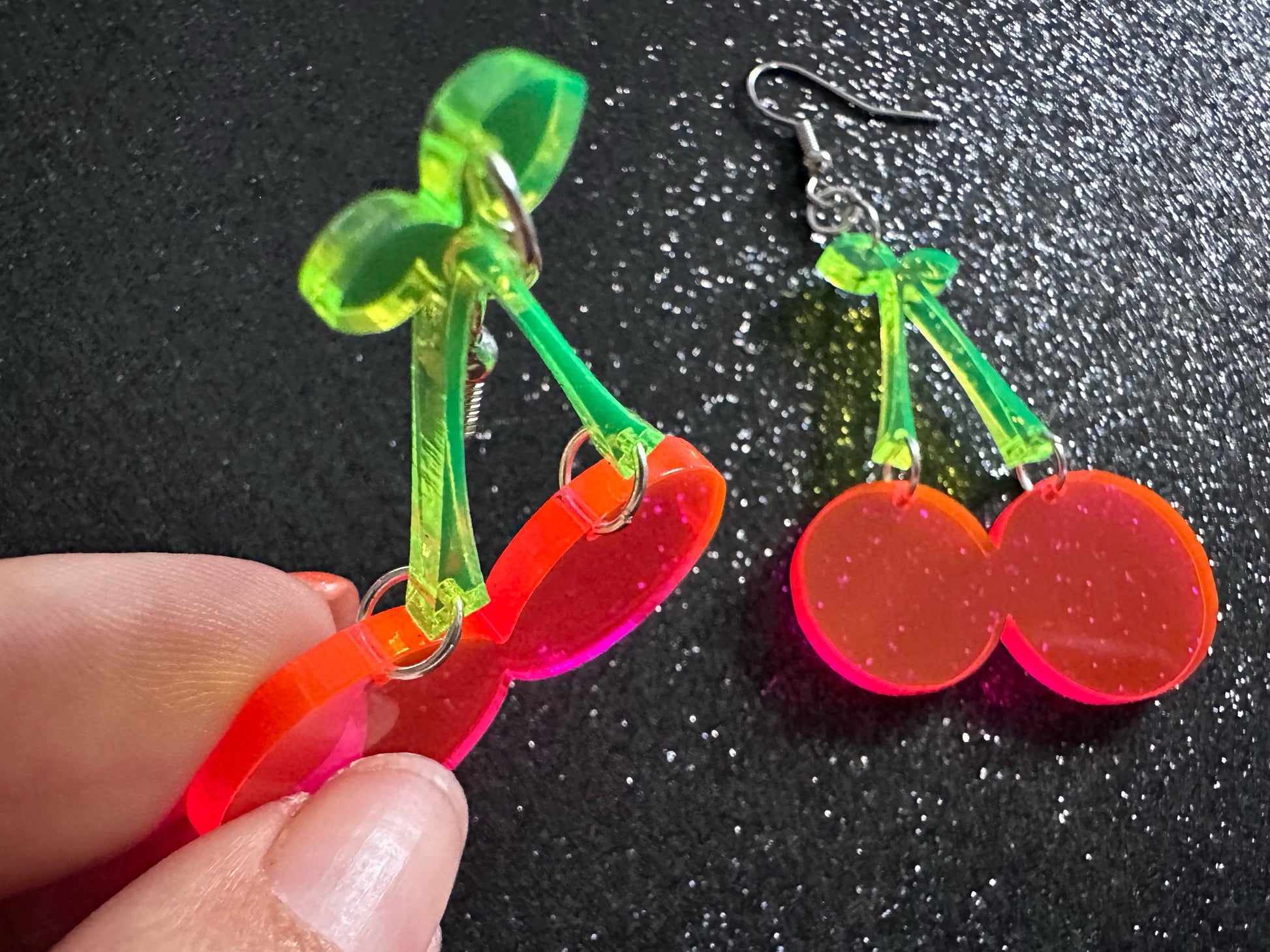 Neon Cherry Earrings: Laser Cut Acrylic Cherries, Fruit, Summer Vibes, Food Earrings, Gifts for Her/Him/Them