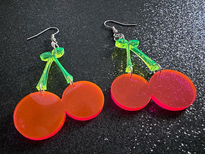 Neon Cherry Earrings: Laser Cut Acrylic Cherries, Fruit, Summer Vibes, Food Earrings, Gifts for Her/Him/Them