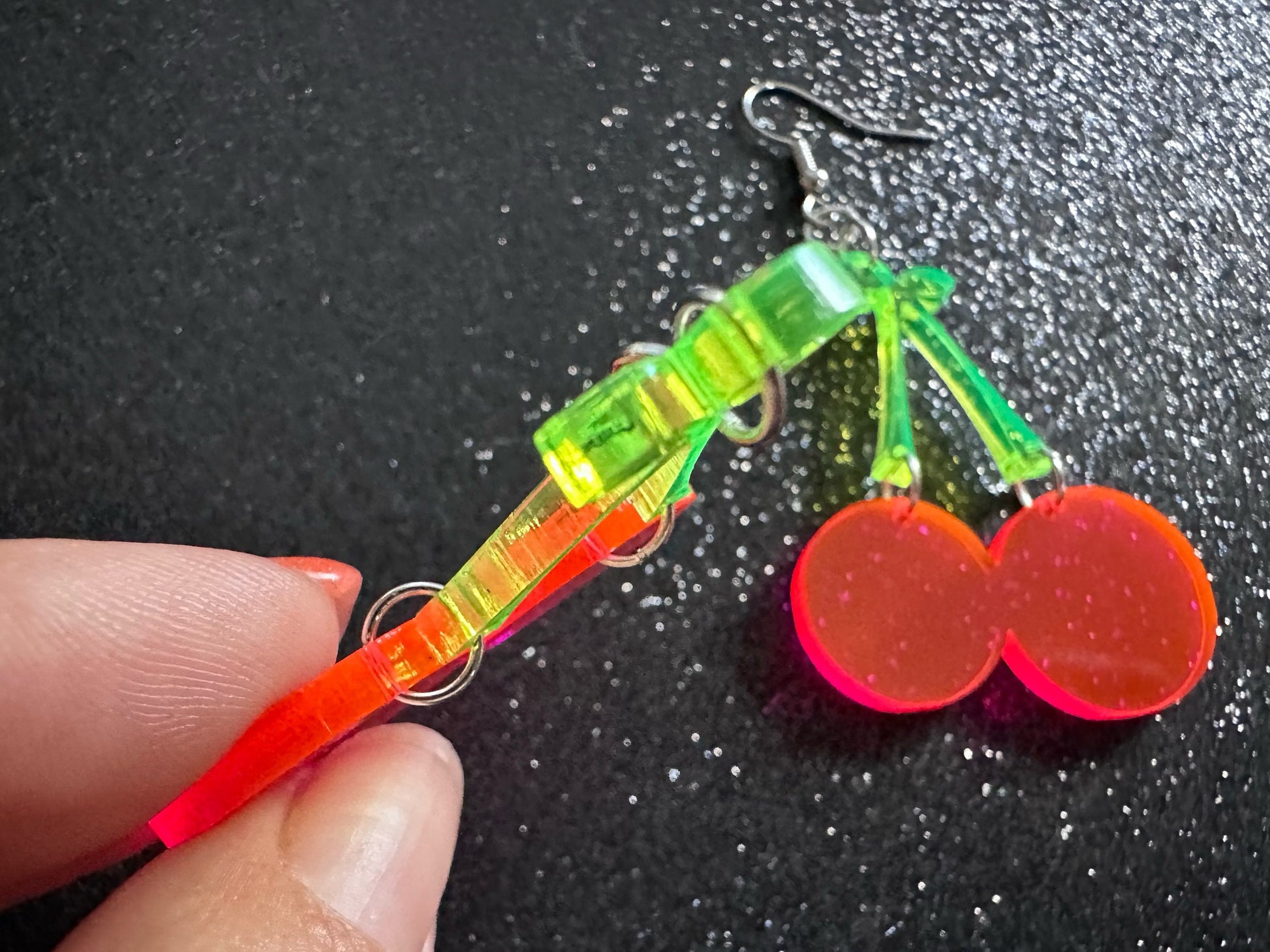 Neon Cherry Earrings: Laser Cut Acrylic Cherries, Fruit, Summer Vibes, Food Earrings, Gifts for Her/Him/Them