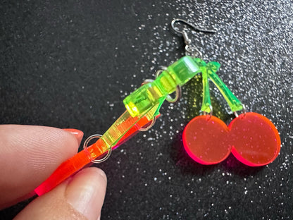 Neon Cherry Earrings: Laser Cut Acrylic Cherries, Fruit, Summer Vibes, Food Earrings, Gifts for Her/Him/Them