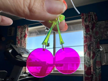 Neon Cherry Earrings: Laser Cut Acrylic Cherries, Fruit, Summer Vibes, Food Earrings, Gifts for Her/Him/Them