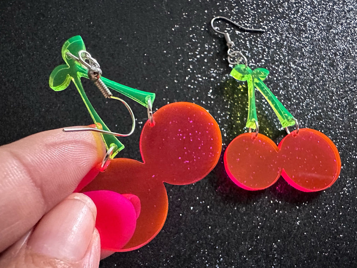 Neon Cherry Earrings: Laser Cut Acrylic Cherries, Fruit, Summer Vibes, Food Earrings, Gifts for Her/Him/Them
