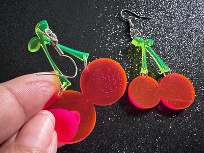 Neon Cherry Earrings: Laser Cut Acrylic Cherries, Fruit, Summer Vibes, Food Earrings, Gifts for Her/Him/Them