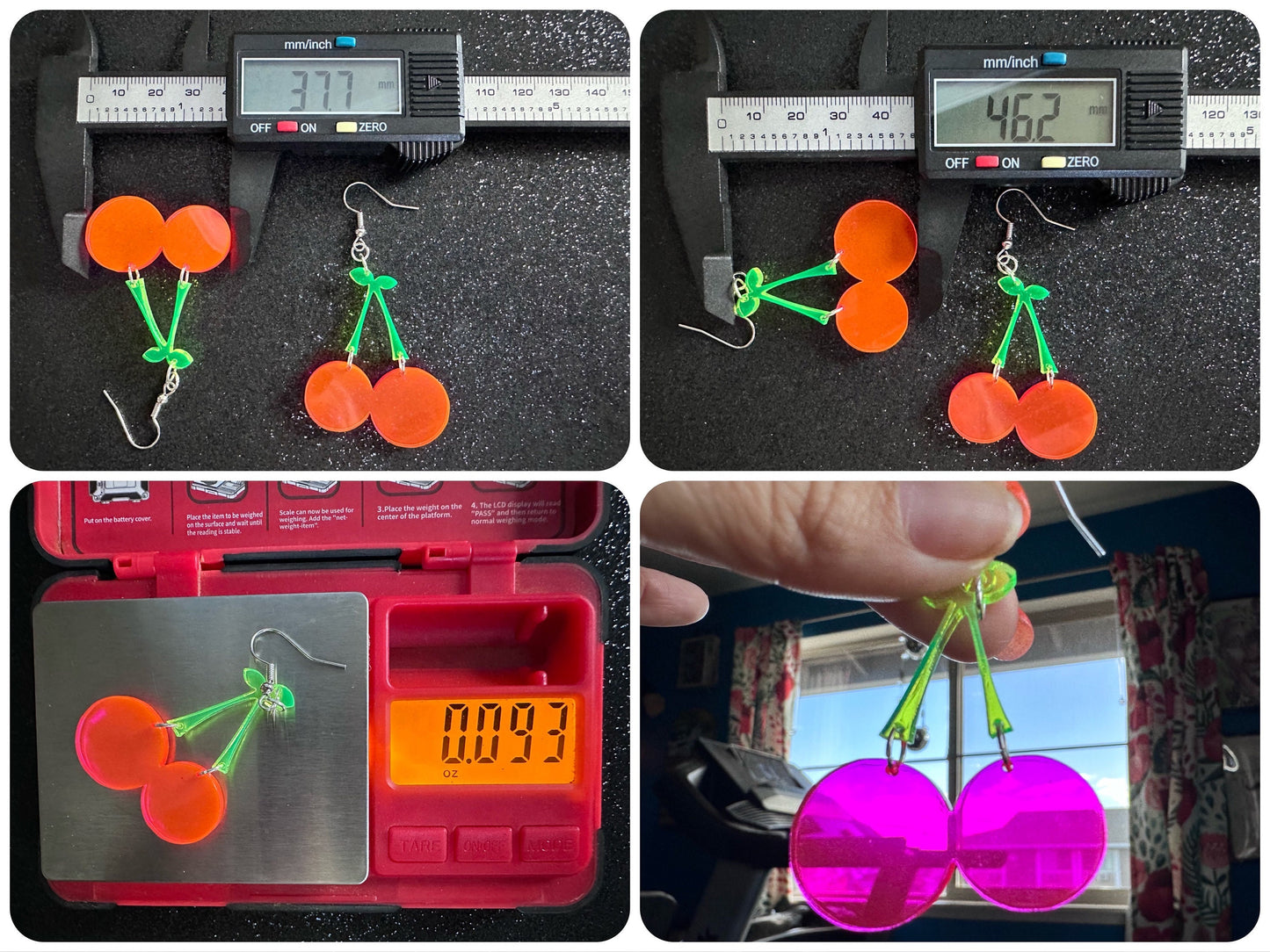 Neon Cherry Earrings: Laser Cut Acrylic Cherries, Fruit, Summer Vibes, Food Earrings, Gifts for Her/Him/Them