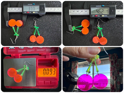 Neon Cherry Earrings: Laser Cut Acrylic Cherries, Fruit, Summer Vibes, Food Earrings, Gifts for Her/Him/Them