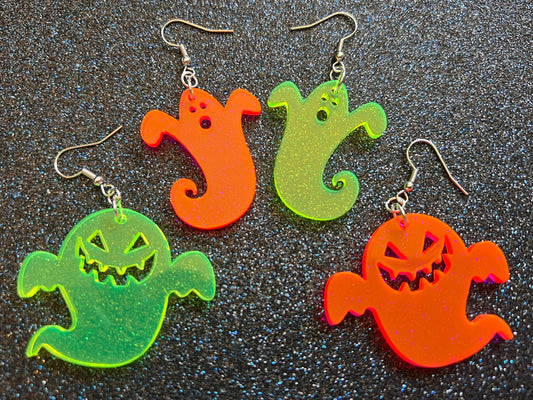 Neon Ghost Earrings: Laser Cut Acrylic Ghosts, Halloween, Haunted, Scary, Spooky, Best Gifts for Her/Him/Them