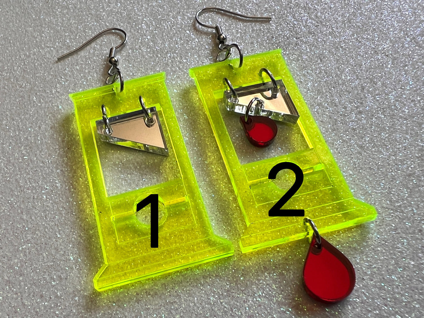 Neon Guillotine Earrings: Halloween, Scary, Horror, Execution, Death, Decapitation, Laser Cut Acrylic, Best Gifts for Her/Him/Them