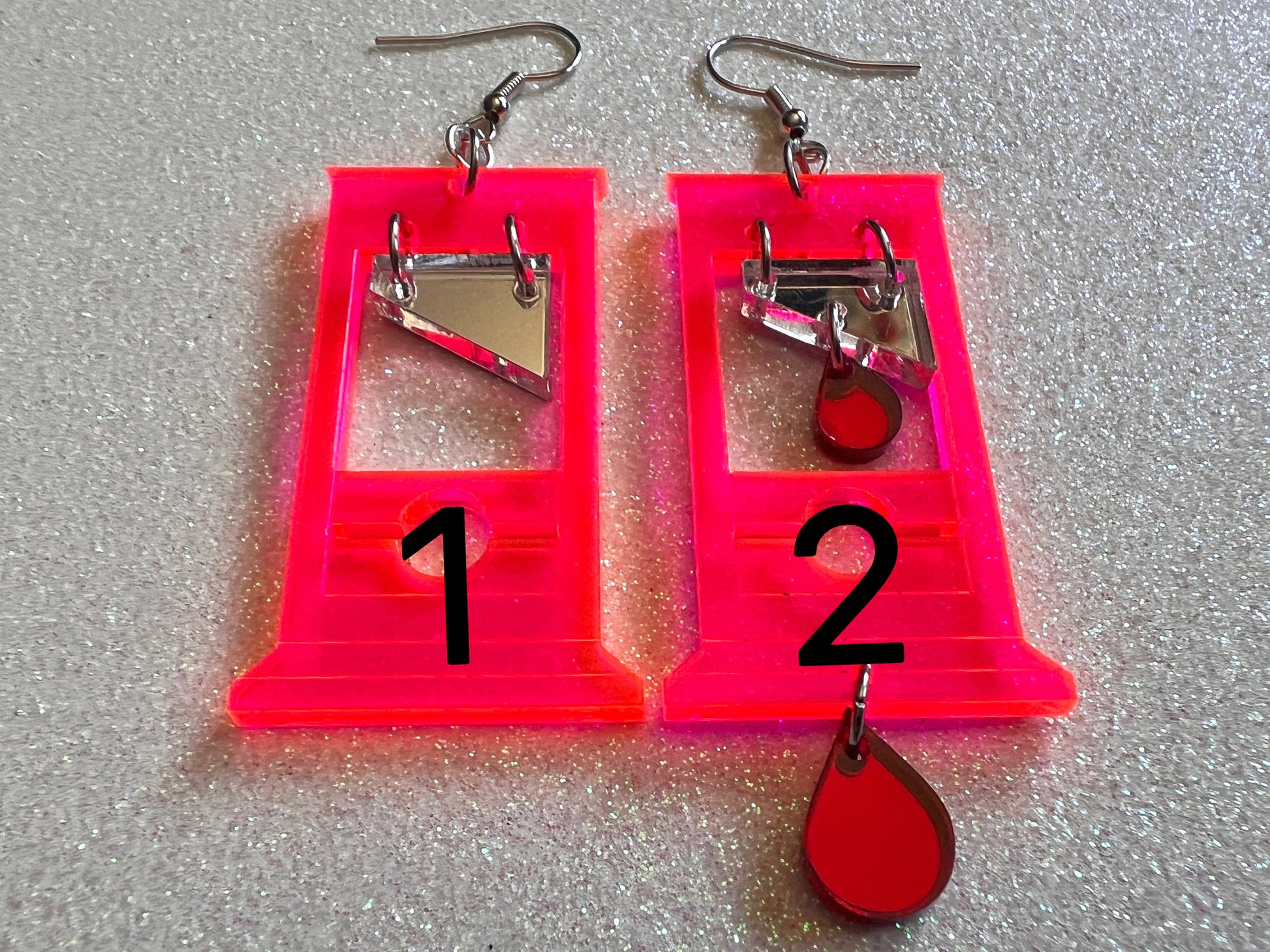 Neon Guillotine Earrings: Halloween, Scary, Horror, Execution, Death, Decapitation, Laser Cut Acrylic, Best Gifts for Her/Him/Them