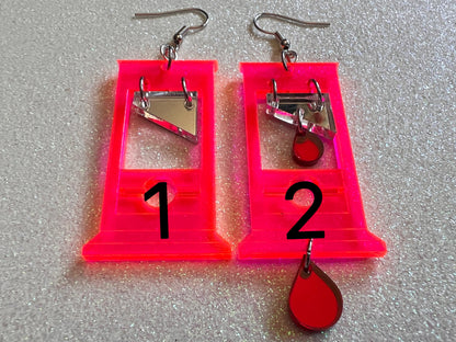 Neon Guillotine Earrings: Halloween, Scary, Horror, Execution, Death, Decapitation, Laser Cut Acrylic, Best Gifts for Her/Him/Them