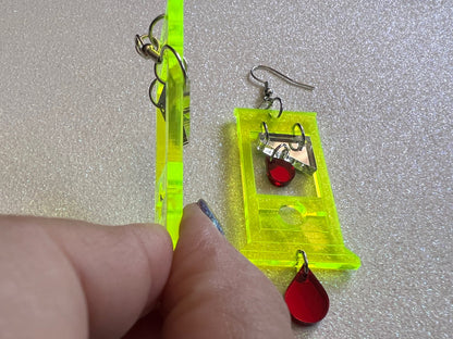 Neon Guillotine Earrings: Halloween, Scary, Horror, Execution, Death, Decapitation, Laser Cut Acrylic, Best Gifts for Her/Him/Them