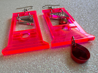 Neon Guillotine Earrings: Halloween, Scary, Horror, Execution, Death, Decapitation, Laser Cut Acrylic, Best Gifts for Her/Him/Them