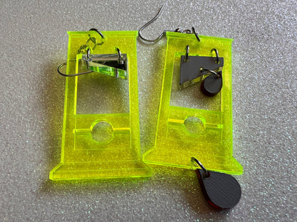Neon Guillotine Earrings: Halloween, Scary, Horror, Execution, Death, Decapitation, Laser Cut Acrylic, Best Gifts for Her/Him/Them