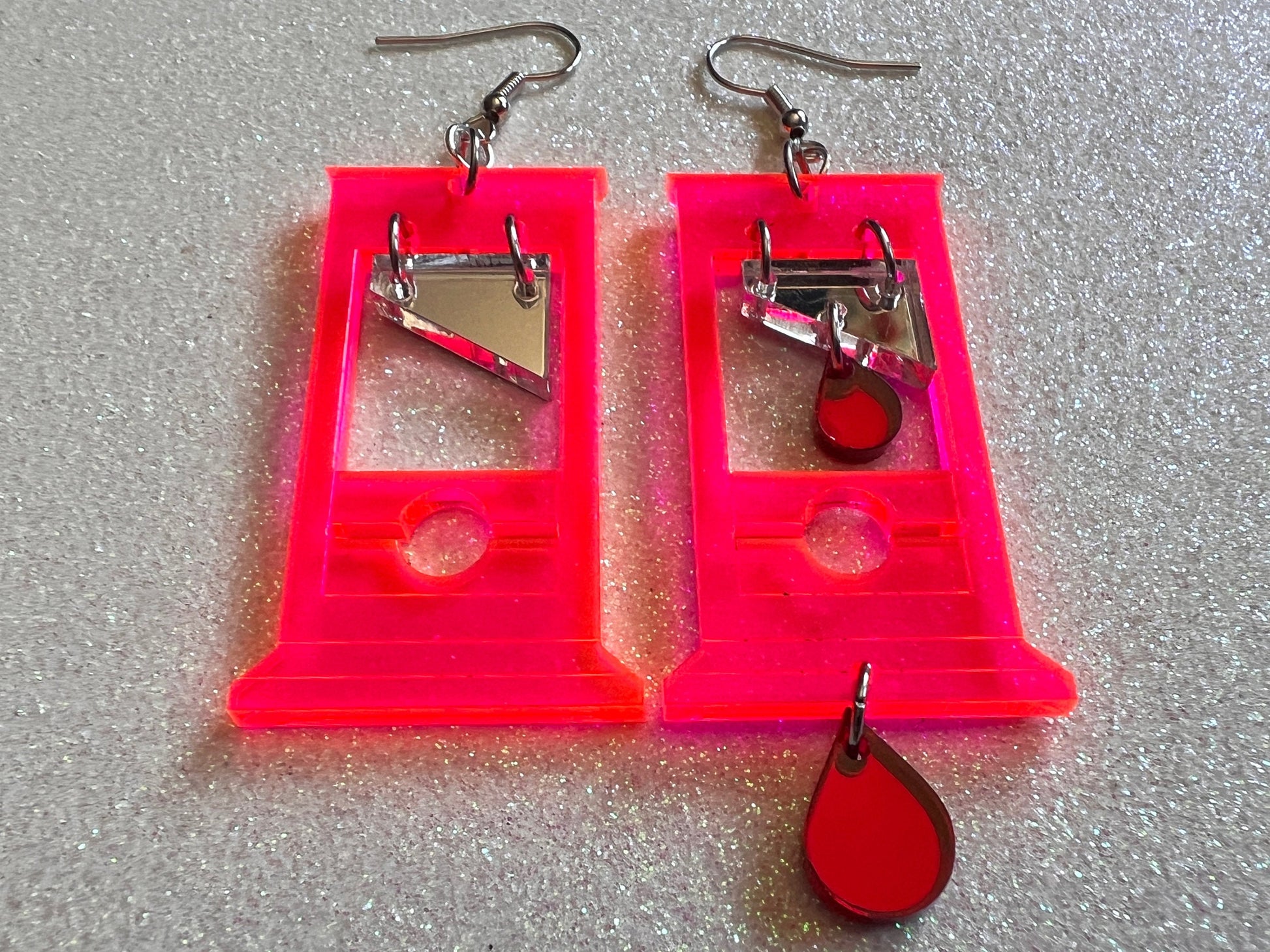 Neon Guillotine Earrings: Halloween, Scary, Horror, Execution, Death, Decapitation, Laser Cut Acrylic, Best Gifts for Her/Him/Them