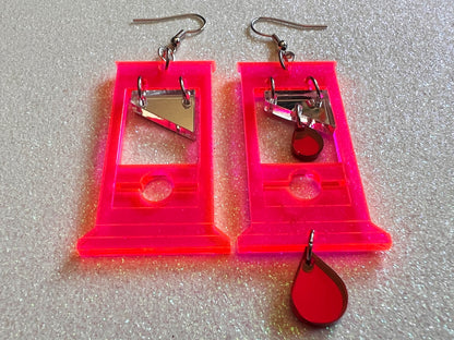 Neon Guillotine Earrings: Halloween, Scary, Horror, Execution, Death, Decapitation, Laser Cut Acrylic, Best Gifts for Her/Him/Them