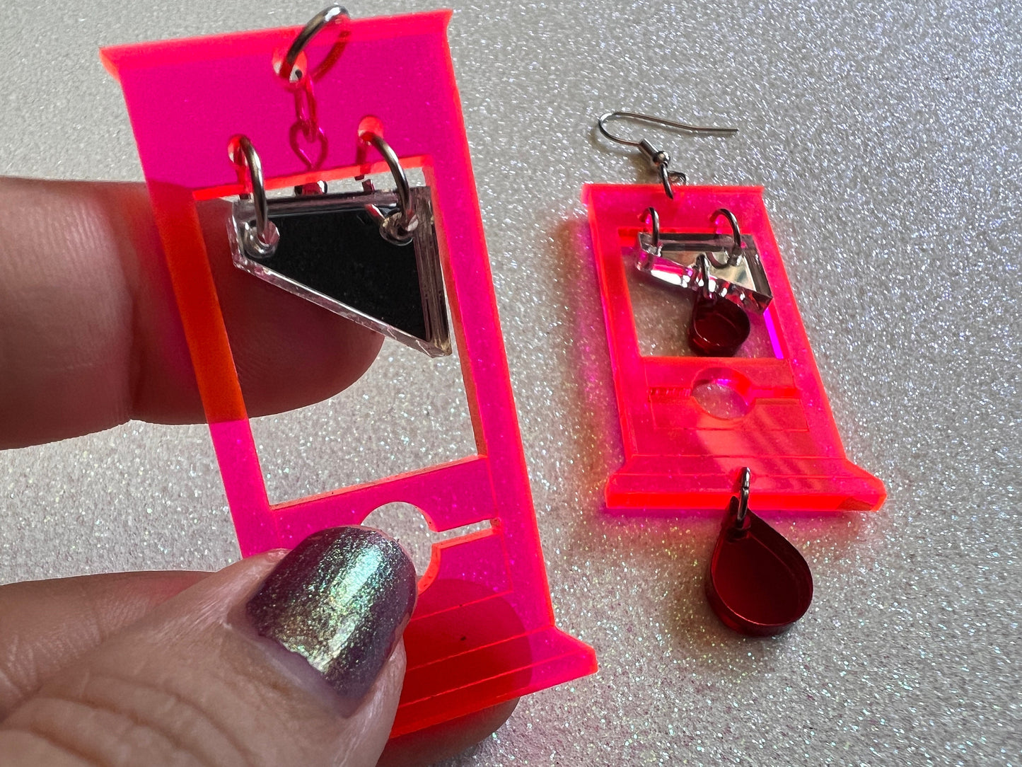 Neon Guillotine Earrings: Halloween, Scary, Horror, Execution, Death, Decapitation, Laser Cut Acrylic, Best Gifts for Her/Him/Them